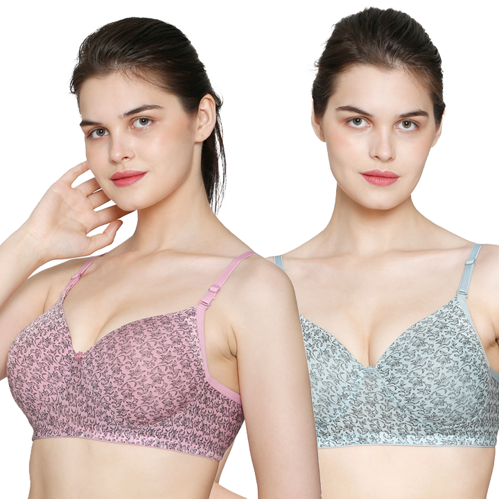Printed Nylon Light Padded Fabric T Shirt Bra Set of 2